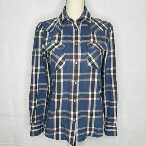Lauren Jeans Co Pearl Snap Flannel Shirt Sz S Blue White Gray Plaid Ralph Lauren